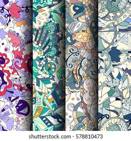Set of tracery colorful seamless patterns. Curved doodling backgrounds for textile or printing with mehndi and ethnic motives. Vector.