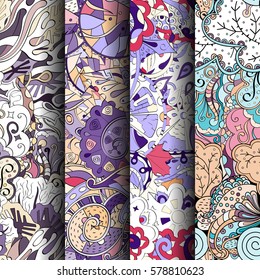 Set of tracery colorful seamless patterns. Curved doodling backgrounds for textile or printing with mehndi and ethnic motives. Vector.
