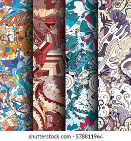 Set of tracery colorful seamless patterns. Curved doodling backgrounds for textile or printing with mehndi and ethnic motives. Vector.