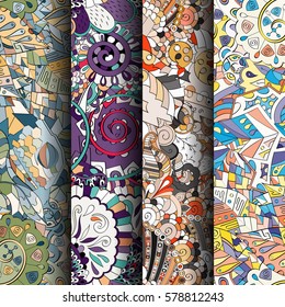 Set of tracery colorful seamless patterns. Curved doodling backgrounds for textile or printing with mehndi and ethnic motives. Vector.