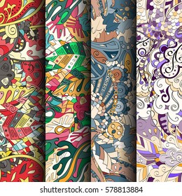 Set of tracery colorful seamless patterns. Curved doodling backgrounds for textile or printing with mehndi and ethnic motives. Vector.