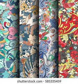 Set of tracery colorful seamless patterns. Curved doodling backgrounds for textile or printing with mehndi and ethnic motives. Vector.