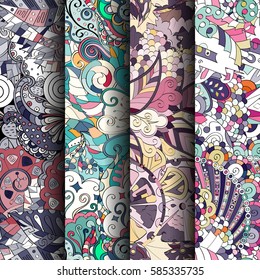 Set of tracery colorful seamless patterns. Curved doodling backgrounds for textile or printing with mehndi and ethnic motives. Vector.