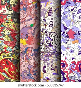 Set of tracery colorful seamless patterns. Curved doodling backgrounds for textile or printing with mehndi and ethnic motives. Vector.
