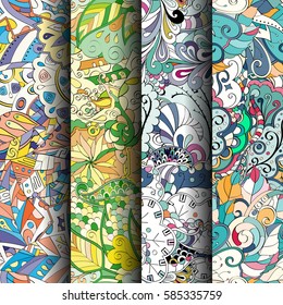 Set of tracery colorful seamless patterns. Curved doodling backgrounds for textile or printing with mehndi and ethnic motives. Vector.