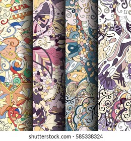 Set of tracery colorful seamless patterns. Curved doodling backgrounds for textile or printing with mehndi and ethnic motives. Vector.