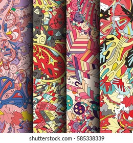 Set of tracery colorful seamless patterns. Curved doodling backgrounds for textile or printing with mehndi and ethnic motives. Vector.