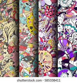 Set of tracery colorful seamless patterns. Curved doodling backgrounds for textile or printing with mehndi and ethnic motives. Vector.