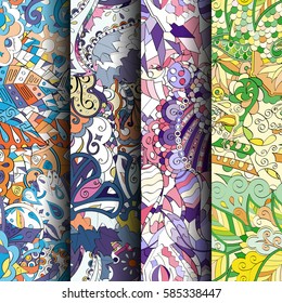 Set of tracery colorful seamless patterns. Curved doodling backgrounds for textile or printing with mehndi and ethnic motives. Vector.