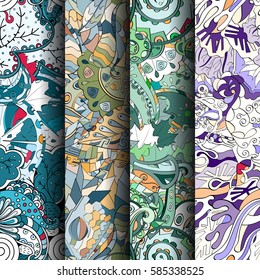 Set of tracery colorful seamless patterns. Curved doodling backgrounds for textile or printing with mehndi and ethnic motives. Vector.