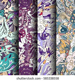Set of tracery colorful seamless patterns. Curved doodling backgrounds for textile or printing with mehndi and ethnic motives. Vector.