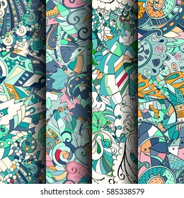 Set of tracery colorful seamless patterns. Curved doodling backgrounds for textile or printing with mehndi and ethnic motives. Vector.