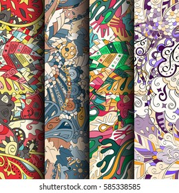 Set of tracery colorful seamless patterns. Curved doodling backgrounds for textile or printing with mehndi and ethnic motives. Vector.