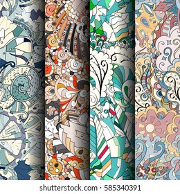 Set of tracery colorful seamless patterns. Curved doodling backgrounds for textile or printing with mehndi and ethnic motives. Vector.