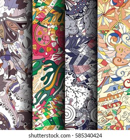 Set of tracery colorful seamless patterns. Curved doodling backgrounds for textile or printing with mehndi and ethnic motives. Vector.