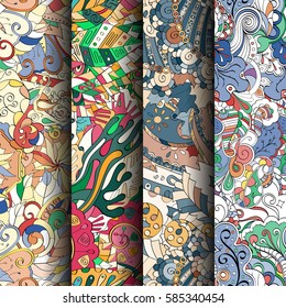 Set of tracery colorful seamless patterns. Curved doodling backgrounds for textile or printing with mehndi and ethnic motives. Vector.