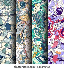Set of tracery colorful seamless patterns. Curved doodling backgrounds for textile or printing with mehndi and ethnic motives. Vector.