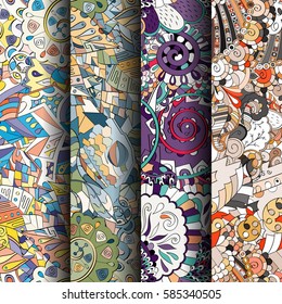 Set of tracery colorful seamless patterns. Curved doodling backgrounds for textile or printing with mehndi and ethnic motives. Vector.