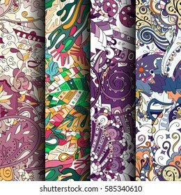 Set of tracery colorful seamless patterns. Curved doodling backgrounds for textile or printing with mehndi and ethnic motives. Vector.