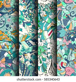 Set of tracery colorful seamless patterns. Curved doodling backgrounds for textile or printing with mehndi and ethnic motives. Vector.