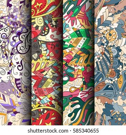 Set of tracery colorful seamless patterns. Curved doodling backgrounds for textile or printing with mehndi and ethnic motives. Vector.
