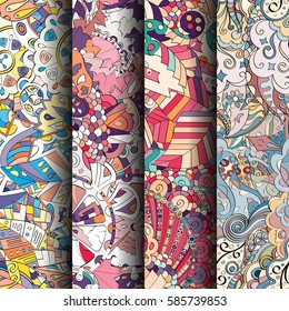 Set of tracery colorful seamless patterns. Curved doodling backgrounds for textile or printing with mehndi and ethnic motives. Vector.