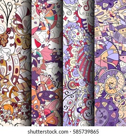 Set of tracery colorful seamless patterns. Curved doodling backgrounds for textile or printing with mehndi and ethnic motives. Vector.