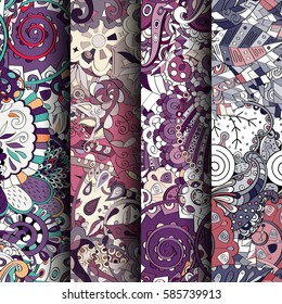 Set of tracery colorful seamless patterns. Curved doodling backgrounds for textile or printing with mehndi and ethnic motives. Vector.