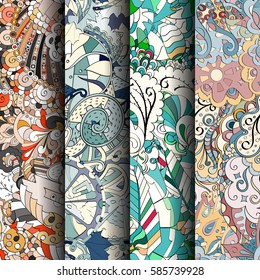 Set of tracery colorful seamless patterns. Curved doodling backgrounds for textile or printing with mehndi and ethnic motives. Vector.