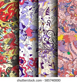 Set of tracery colorful seamless patterns. Curved doodling backgrounds for textile or printing with mehndi and ethnic motives. Vector.