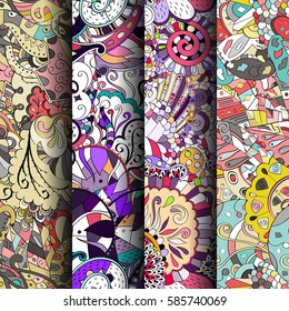 Set of tracery colorful seamless patterns. Curved doodling backgrounds for textile or printing with mehndi and ethnic motives. Vector.