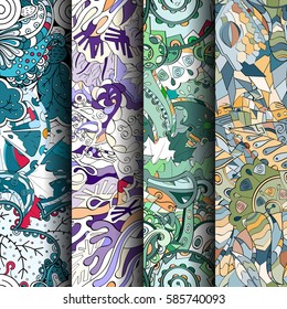 Set of tracery colorful seamless patterns. Curved doodling backgrounds for textile or printing with mehndi and ethnic motives. Vector.