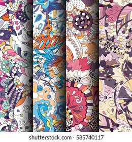 Set of tracery colorful seamless patterns. Curved doodling backgrounds for textile or printing with mehndi and ethnic motives. Vector.