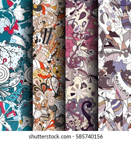 Set of tracery colorful seamless patterns. Curved doodling backgrounds for textile or printing with mehndi and ethnic motives. Vector.