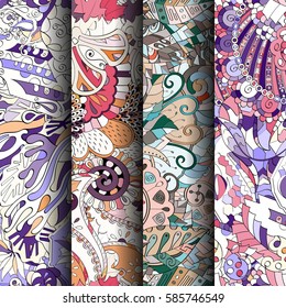 Set of tracery colorful seamless patterns. Curved doodling backgrounds for textile or printing with mehndi and ethnic motives. Vector.