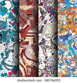 Set of tracery colorful seamless patterns. Curved doodling backgrounds for textile or printing with mehndi and ethnic motives. Vector.