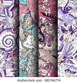Set of tracery colorful seamless patterns. Curved doodling backgrounds for textile or printing with mehndi and ethnic motives. Vector.