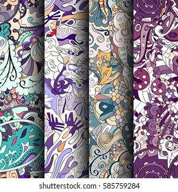 Set of tracery colorful seamless patterns. Curved doodling backgrounds for textile or printing with mehndi and ethnic motives. Vector.