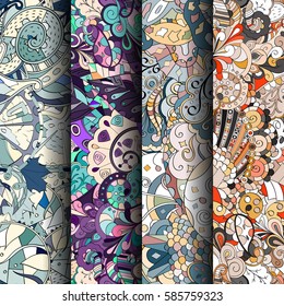 Set of tracery colorful seamless patterns. Curved doodling backgrounds for textile or printing with mehndi and ethnic motives. Vector.