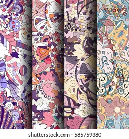 Set of tracery colorful seamless patterns. Curved doodling backgrounds for textile or printing with mehndi and ethnic motives. Vector.