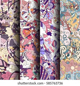 Set of tracery colorful seamless patterns. Curved doodling backgrounds for textile or printing with mehndi and ethnic motives. Vector.