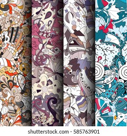 Set of tracery colorful seamless patterns. Curved doodling backgrounds for textile or printing with mehndi and ethnic motives. Vector.