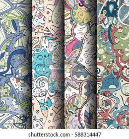 Set of tracery colorful seamless patterns. Curved doodling backgrounds for textile or printing with mehndi and ethnic motives. Vector.