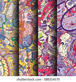 Set of tracery colorful seamless patterns. Curved doodling backgrounds for textile or printing with mehndi and ethnic motives. Vector.