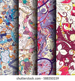 Set of tracery colorful seamless patterns. Curved doodling backgrounds for textile or printing with mehndi and ethnic motives. Vector.