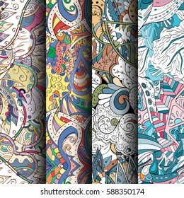 Set of tracery colorful seamless patterns. Curved doodling backgrounds for textile or printing with mehndi and ethnic motives. Vector.