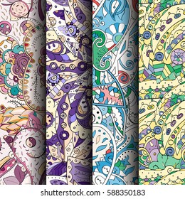 Set of tracery colorful seamless patterns. Curved doodling backgrounds for textile or printing with mehndi and ethnic motives. Vector.