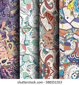 Set of tracery colorful seamless patterns. Curved doodling backgrounds for textile or printing with mehndi and ethnic motives. Vector.