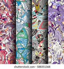 Set of tracery colorful seamless patterns. Curved doodling backgrounds for textile or printing with mehndi and ethnic motives. Vector.