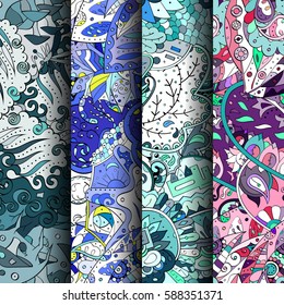 Set of tracery colorful seamless patterns. Curved doodling backgrounds for textile or printing with mehndi and ethnic motives. Vector.